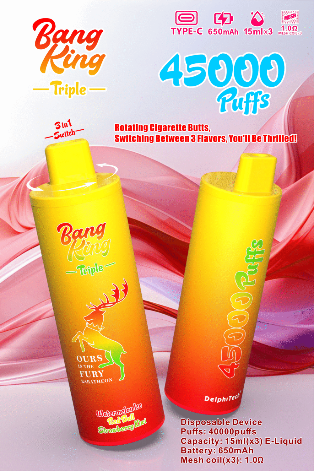 BANG KING Triple 45,000 Puffs Rechargeable Disposable Vape | 650mAh Battery | 15ml×3 E-Liquid | 10 Flavors | Nicotine 0%/2%/3%/5% - Image 4