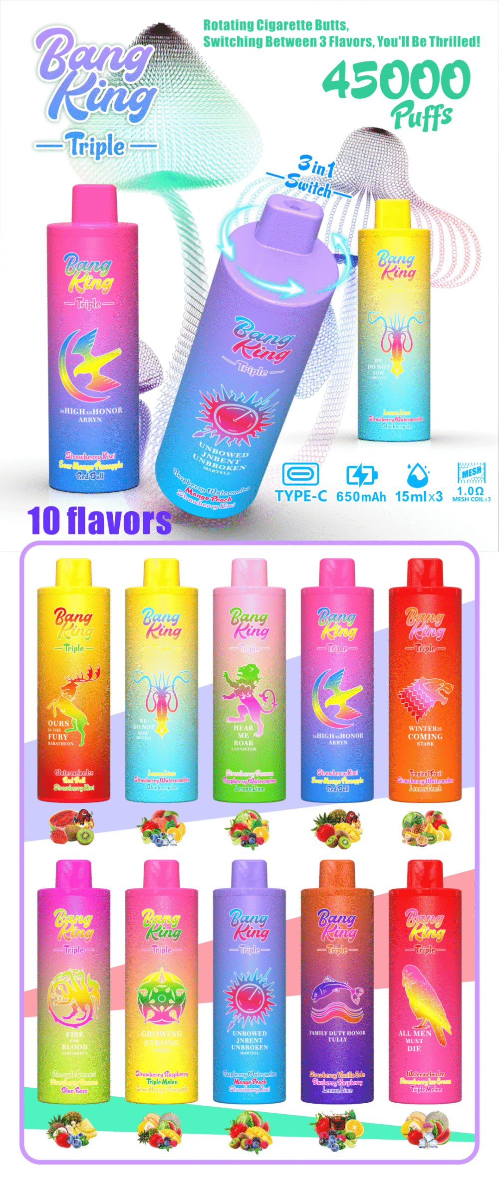 BANG KING Triple 45,000 Puffs Rechargeable Disposable Vape | 650mAh Battery | 15ml×3 E-Liquid | 10 Flavors | Nicotine 0%/2%/3%/5% - Image 11