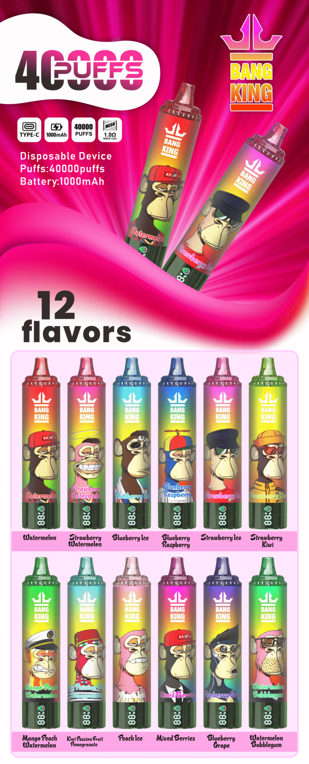 Bang King 40,000 Puffs DSK059 – Wholesale | Factory Direct | Type‑C Rechargeable | Nicotine 0%/2%/3%/5% - Image 3