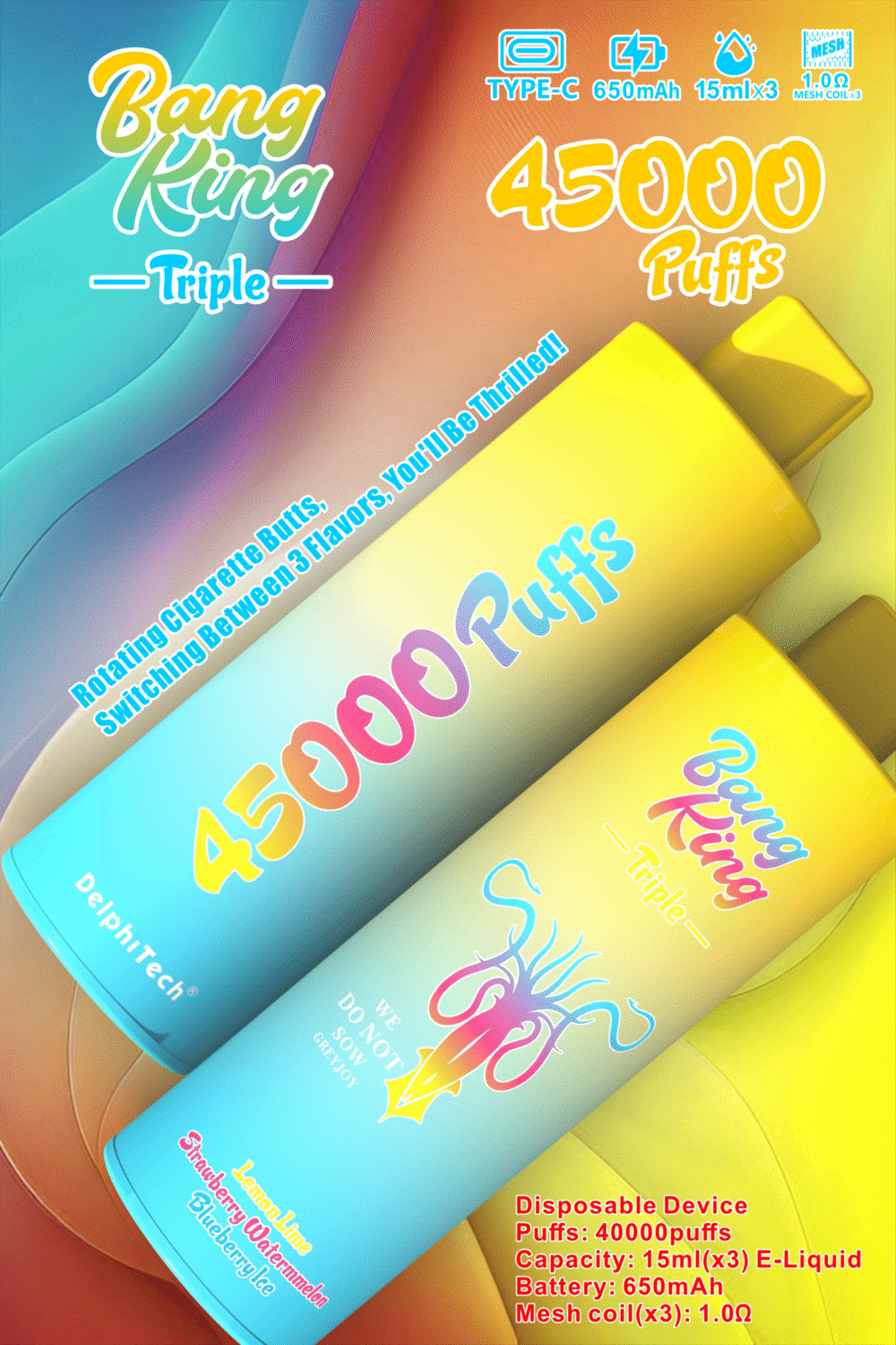 BANG KING Triple 45,000 Puffs Rechargeable Disposable Vape | 650mAh Battery | 15ml×3 E-Liquid | 10 Flavors | Nicotine 0%/2%/3%/5% - Image 5