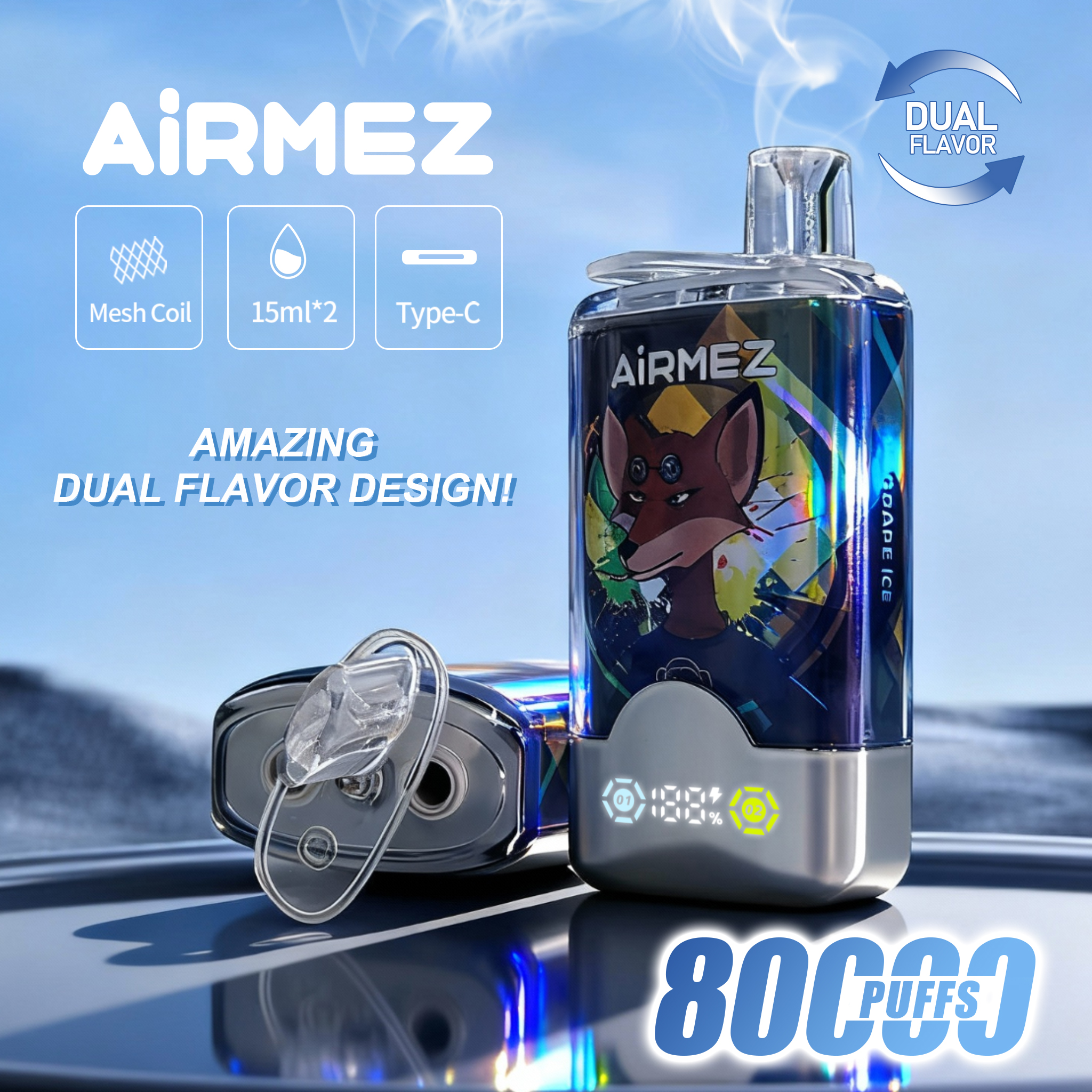 Airmez Fox 80,000 Puffs 2-in-1 Disposable Vape | Dual Flavors, Rechargeable Type-C, 2% Nicotine