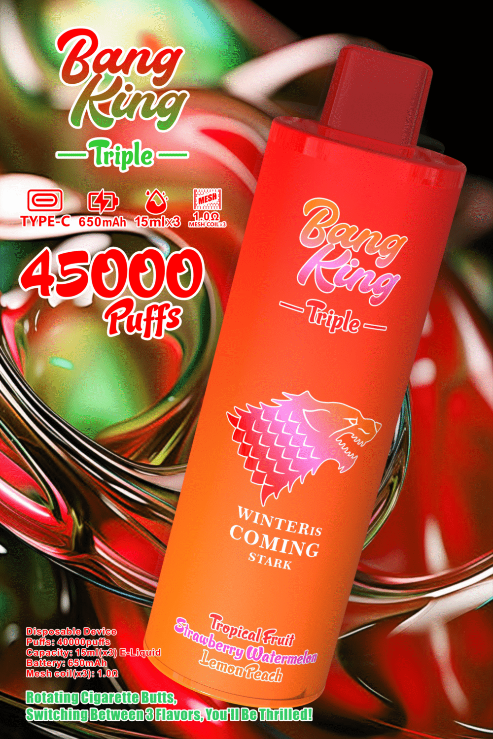 BANG KING Triple 45,000 Puffs Rechargeable Disposable Vape | 650mAh Battery | 15ml×3 E-Liquid | 10 Flavors | Nicotine 0%/2%/3%/5%