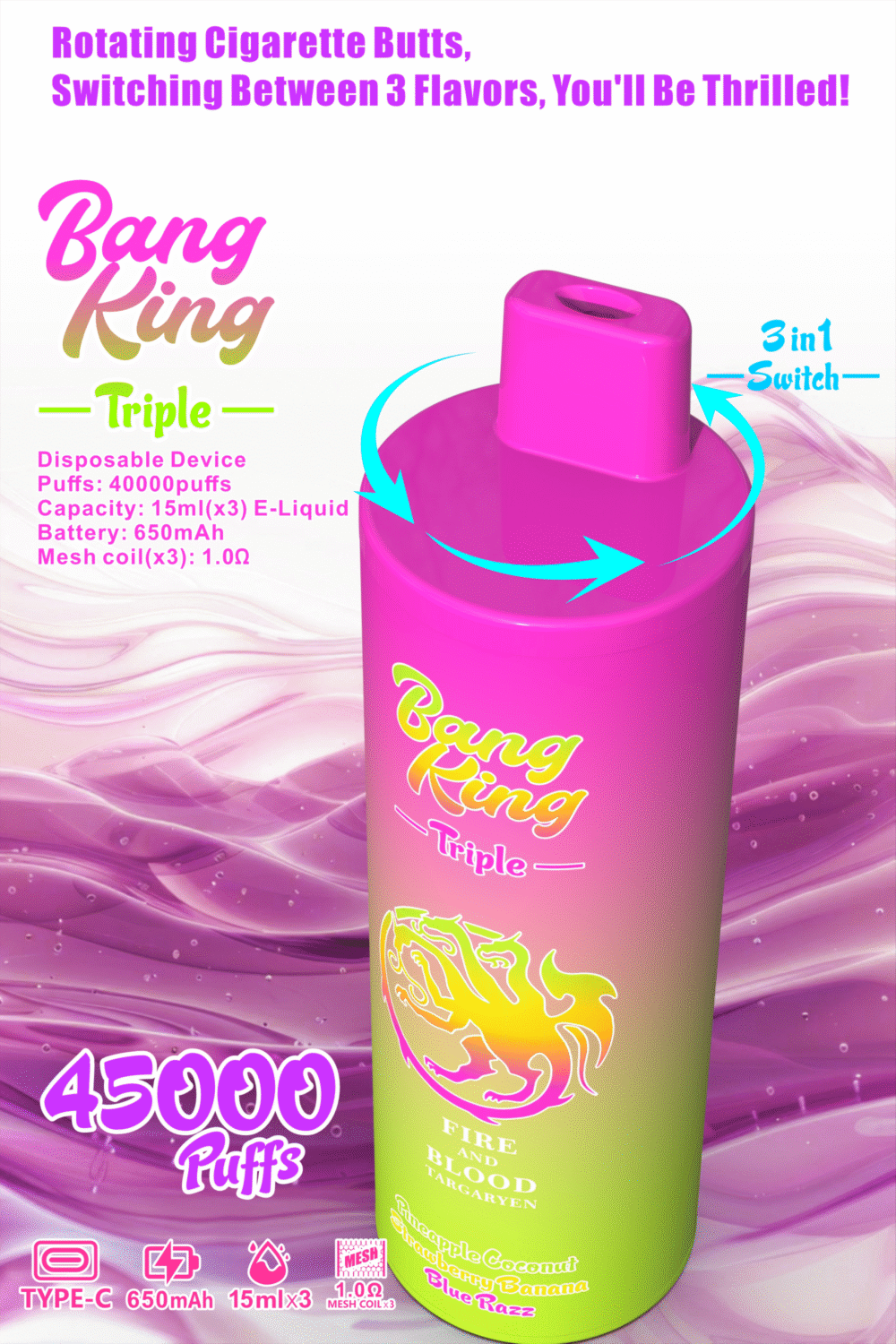 BANG KING Triple 45,000 Puffs Rechargeable Disposable Vape | 650mAh Battery | 15ml×3 E-Liquid | 10 Flavors | Nicotine 0%/2%/3%/5% - Image 8