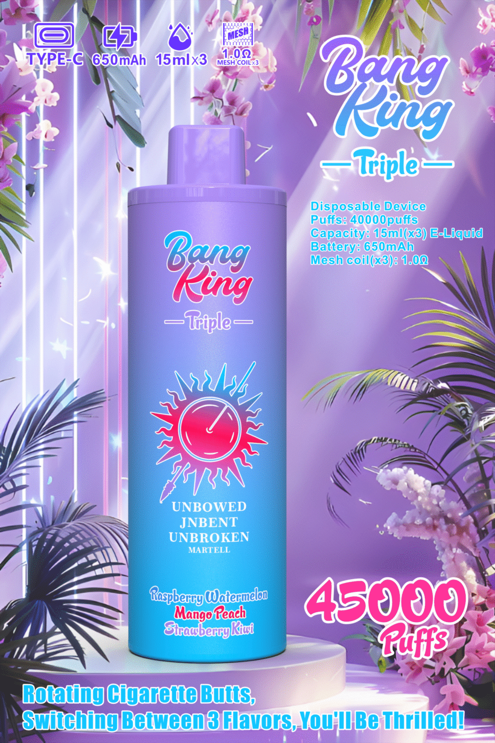 BANG KING Triple 45,000 Puffs Rechargeable Disposable Vape | 650mAh Battery | 15ml×3 E-Liquid | 10 Flavors | Nicotine 0%/2%/3%/5% - Image 2