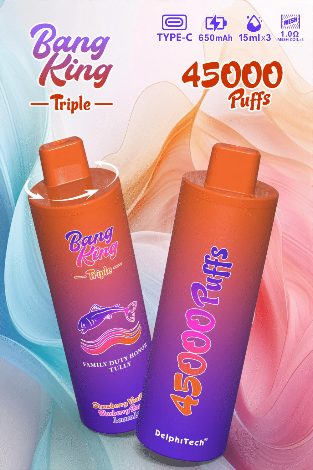 BANG KING Triple 45,000 Puffs Rechargeable Disposable Vape | 650mAh Battery | 15ml×3 E-Liquid | 10 Flavors | Nicotine 0%/2%/3%/5% - Image 3