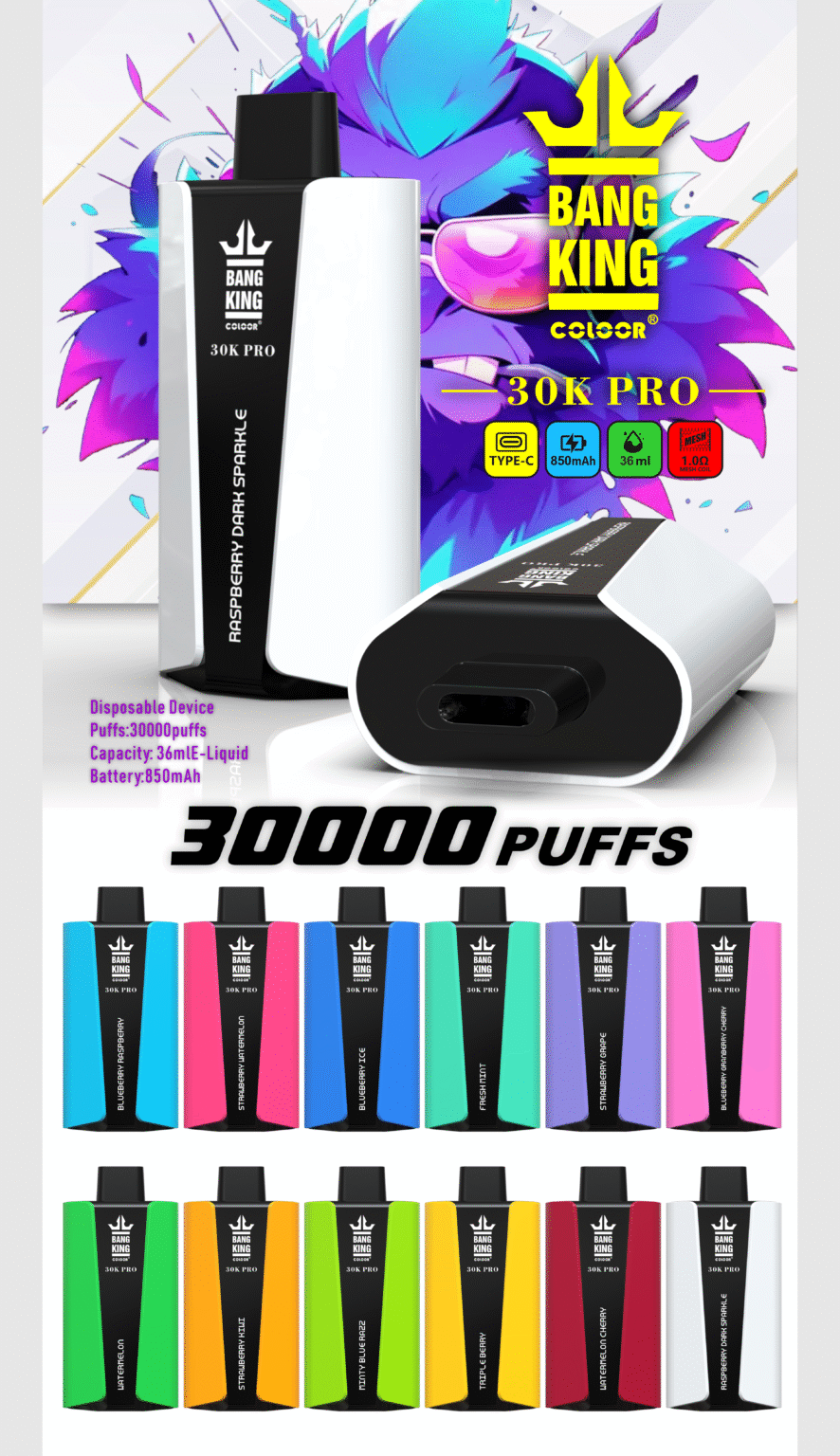 Bang King 30K Puffs PRO Wholesale Disposable Vape Low Nicotine 0% 2% 3% 5% 850 Mah Bulk Buy Electronic Cigarette 30K Puffs Best Price