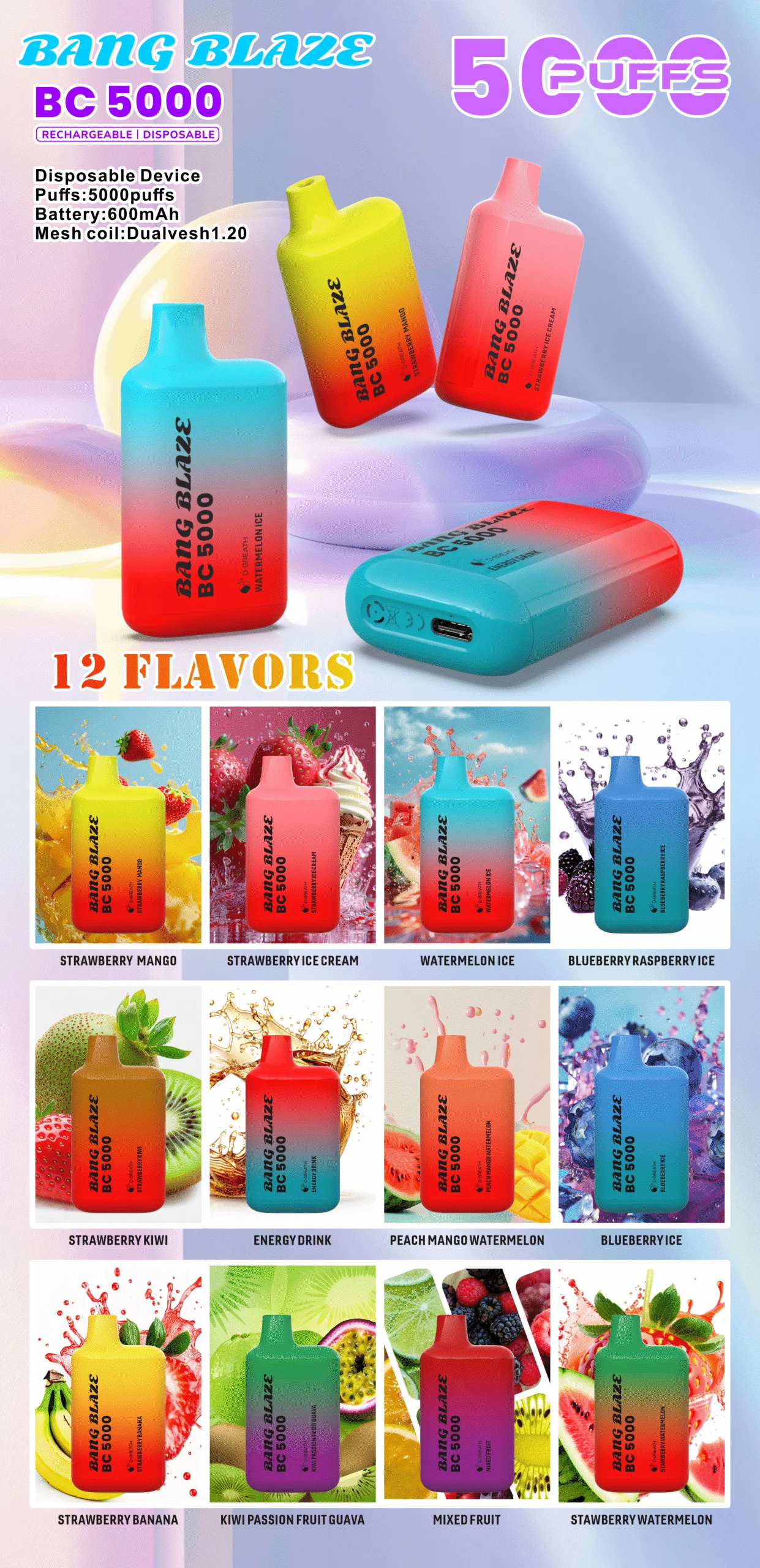 Bang BC5000 Box 5000 Puffs Vape original E Cigarette 0% 2% 3% 5% Nicotine Bulk Buy Disposable Vape Wholesale - Image 4