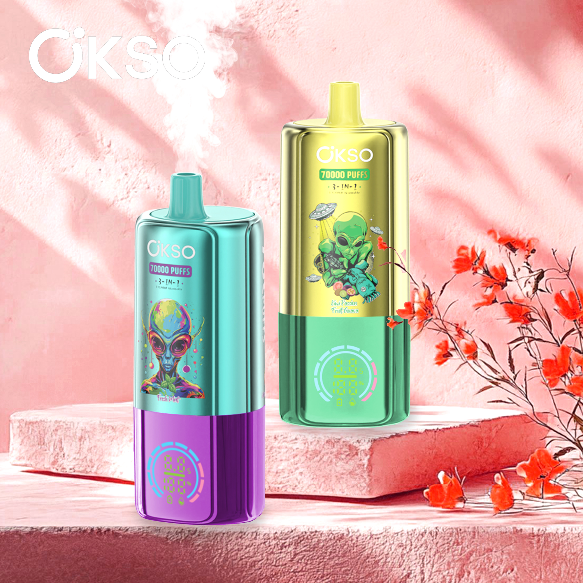 OKSO 3 in 1 70000 Puffs , Alien Styling, Triple Mesh Coils, 650mAh Rechargeable Battery, 0%/2%/3%/5% Nicotine Options