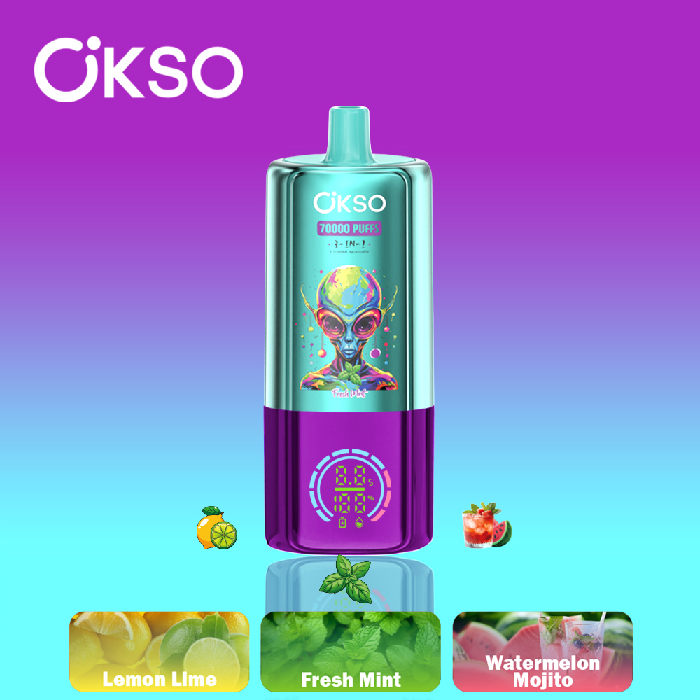OKSO 3 in 1 70000 Puffs , Alien Styling, Triple Mesh Coils, 650mAh Rechargeable Battery, 0%/2%/3%/5% Nicotine Options - Image 5