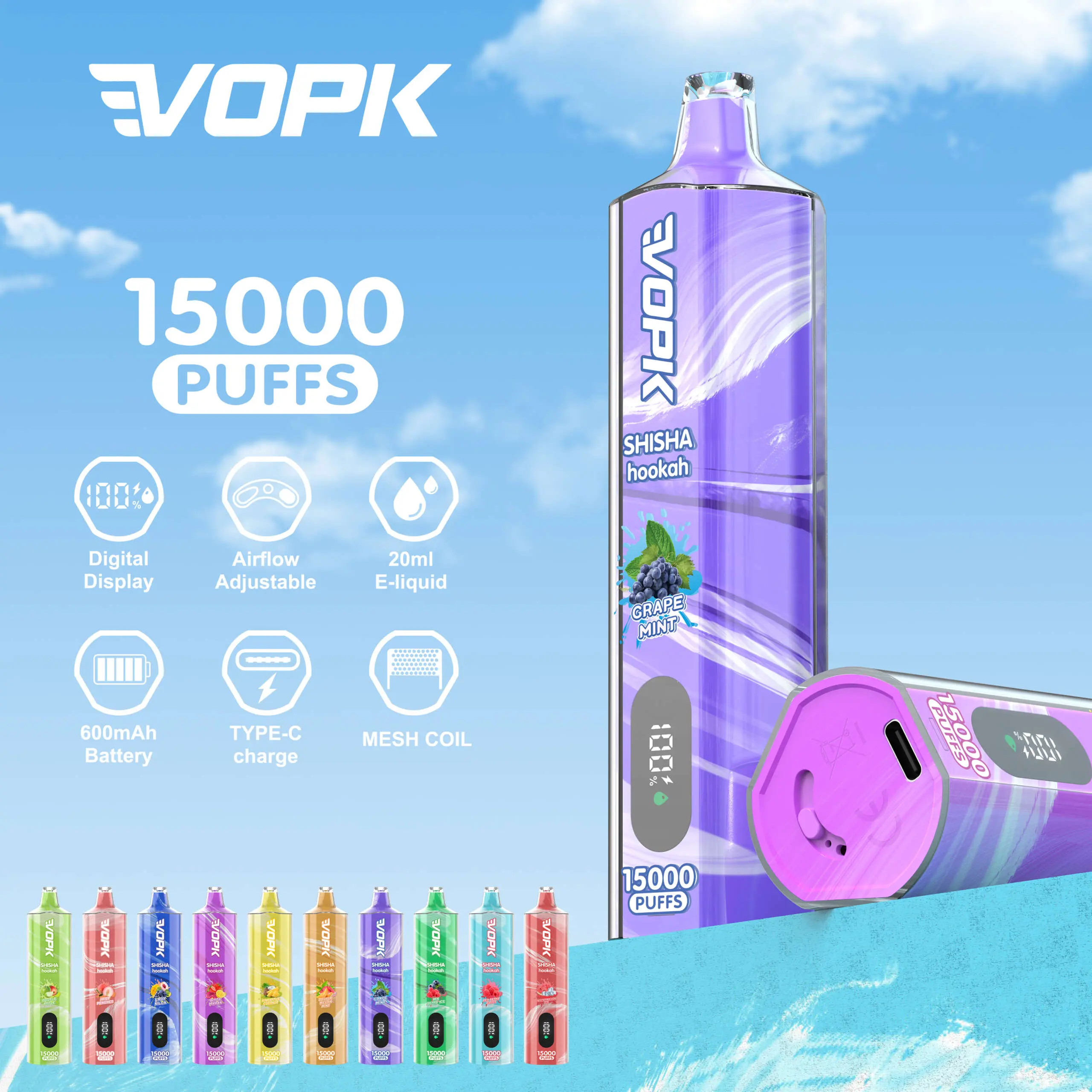 VOPK Shisha Hookah 15000 Puffs Original Disposable Vape Pen, DTL Vaping Design