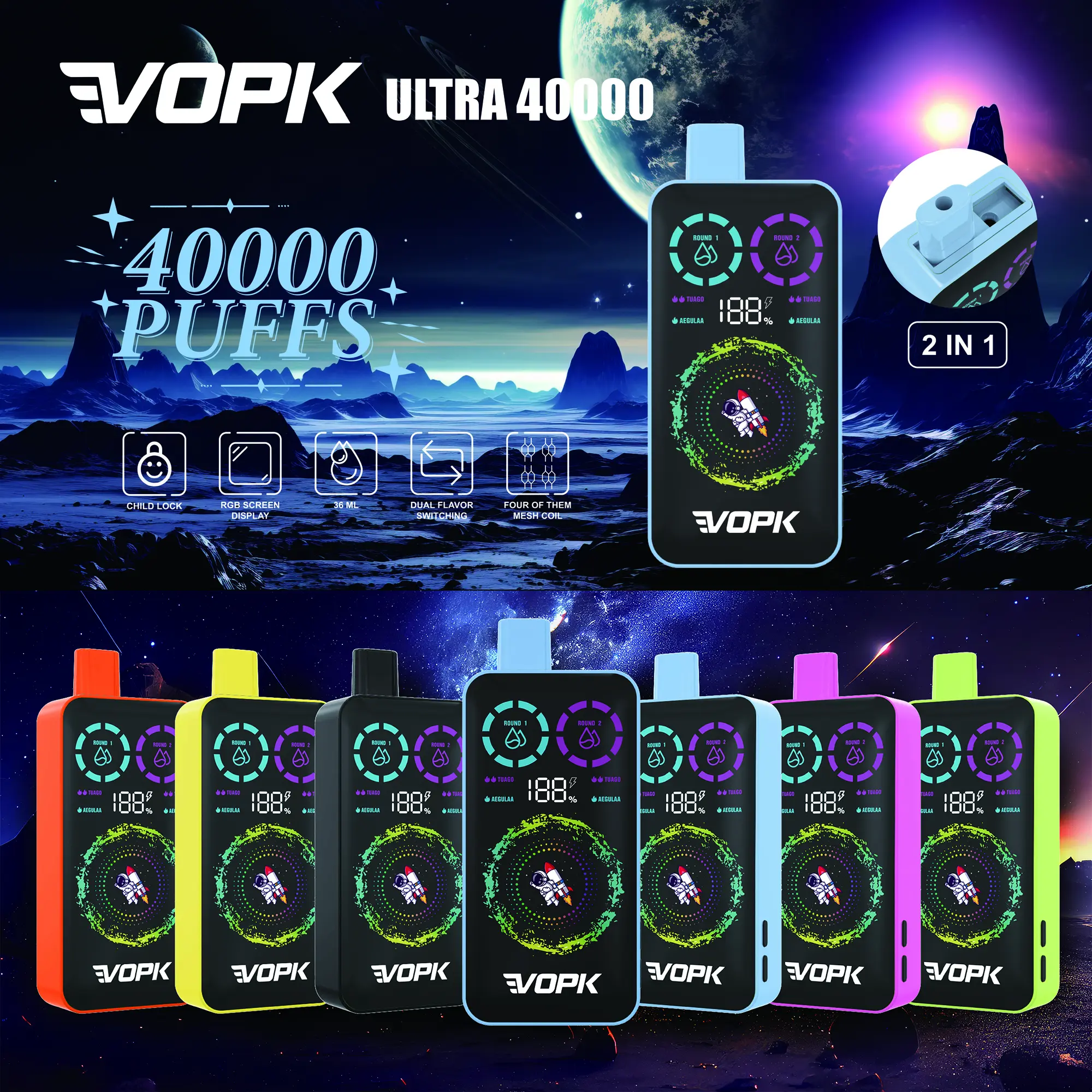 VOPK ULTRA 40000 Puffs Dual-Flavour RGB Screen Disposable Vape delivers long-lasting, customisable vaping for users prioritising outstanding endurance.