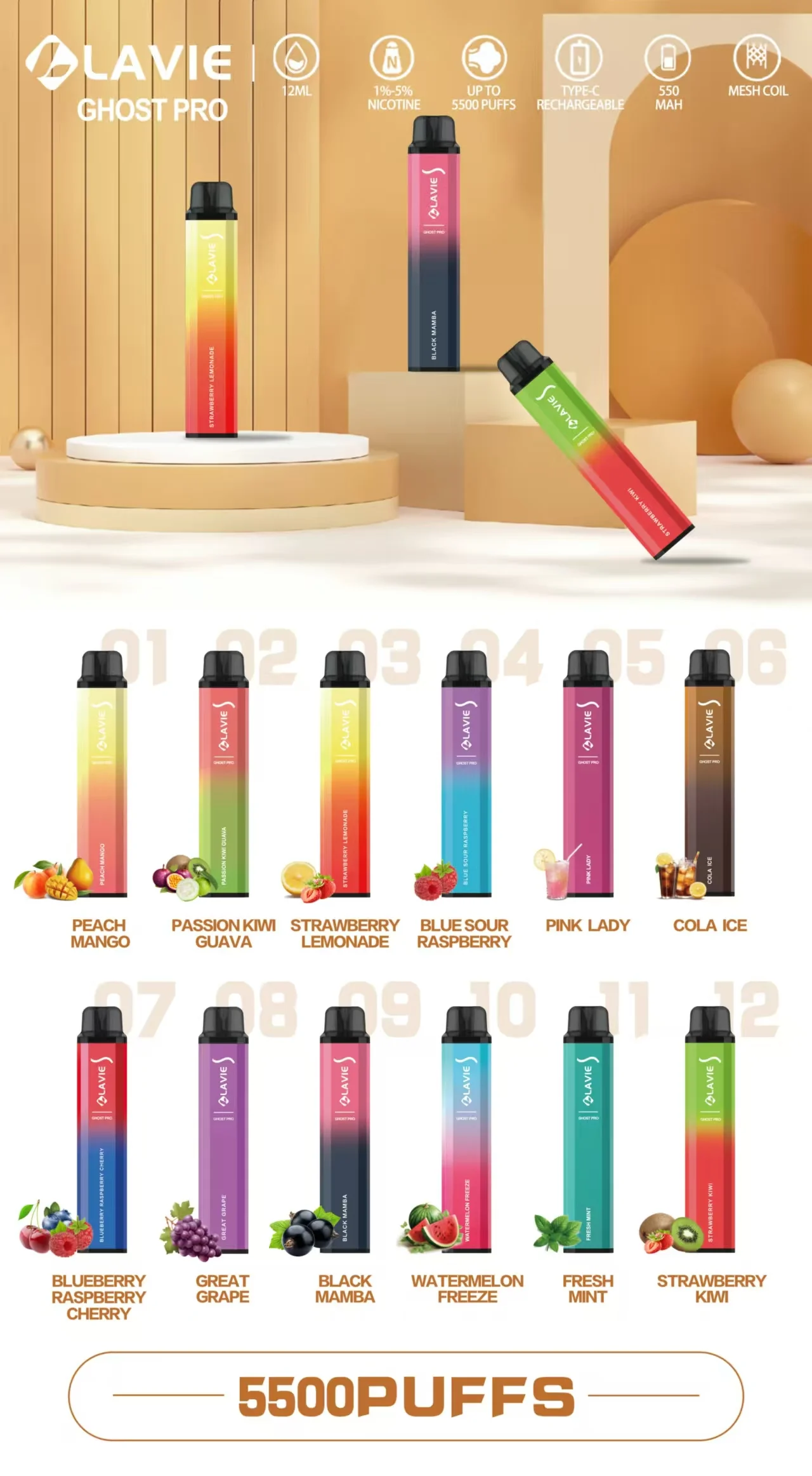LAVIE Ghost Pro 5500 Puffs Disposable Vape, Trendy Compact Square Shape,Eliquid 12ml - Image 8