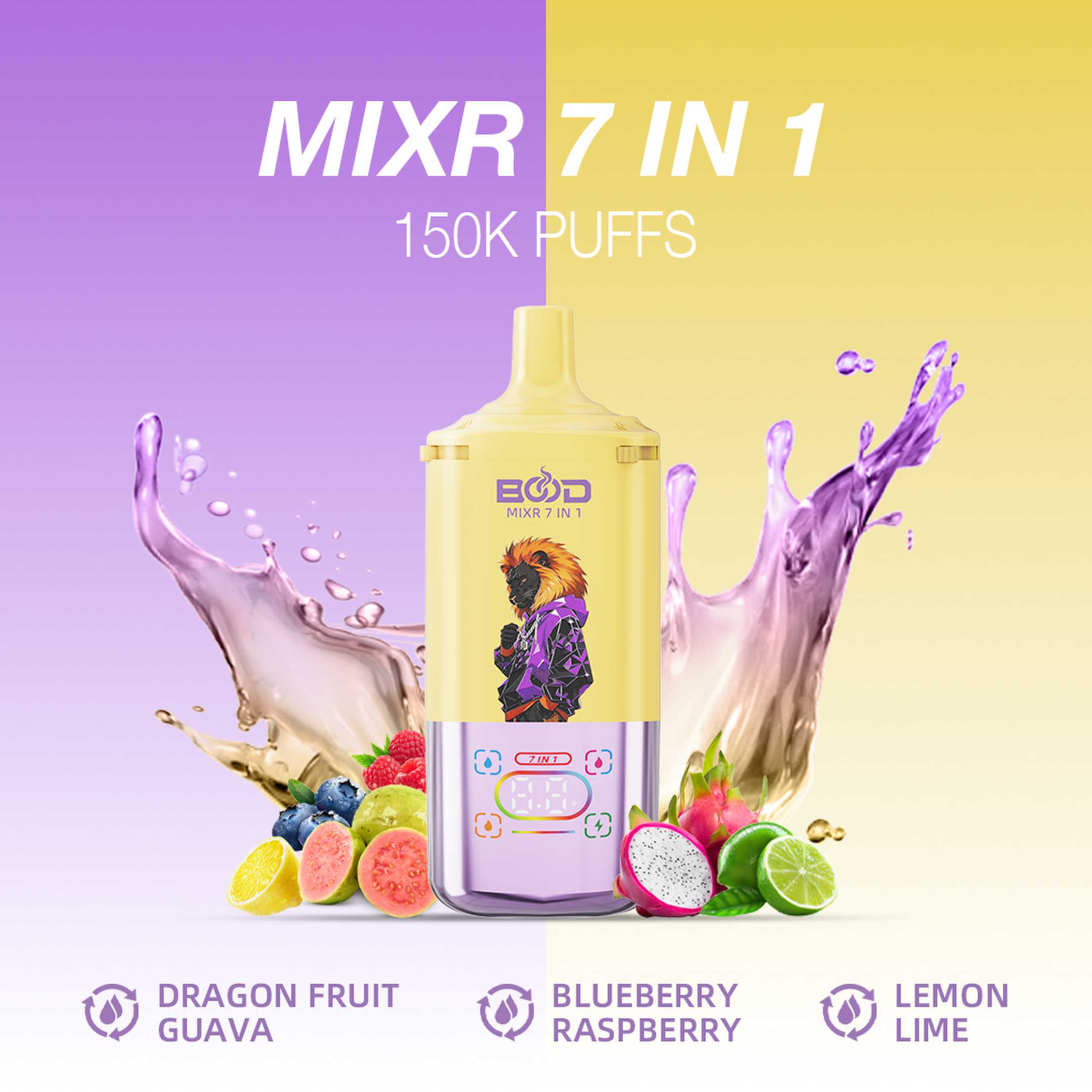BOOD MIXR 150000 Puffs 7in1 , Digital Screen ,7 Adjustable Flavors , 3 Power Setting , Rechargeable Disposable Vape - Image 2