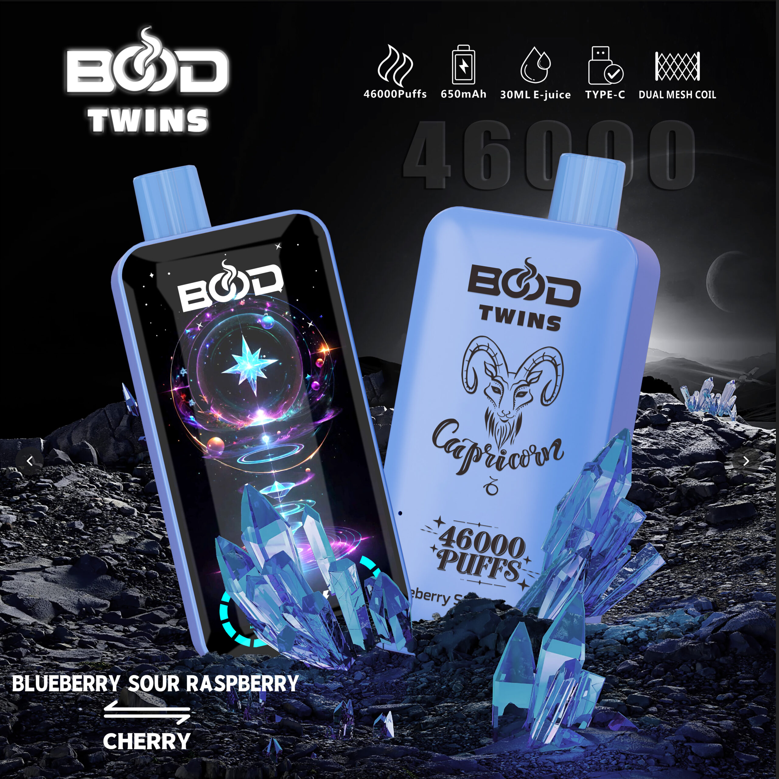 Bood Twins 46000 Puffs 2-in-1 Dual Flavors Rechargeable Vape with Digital Display,E-liquid Capacity 30ml