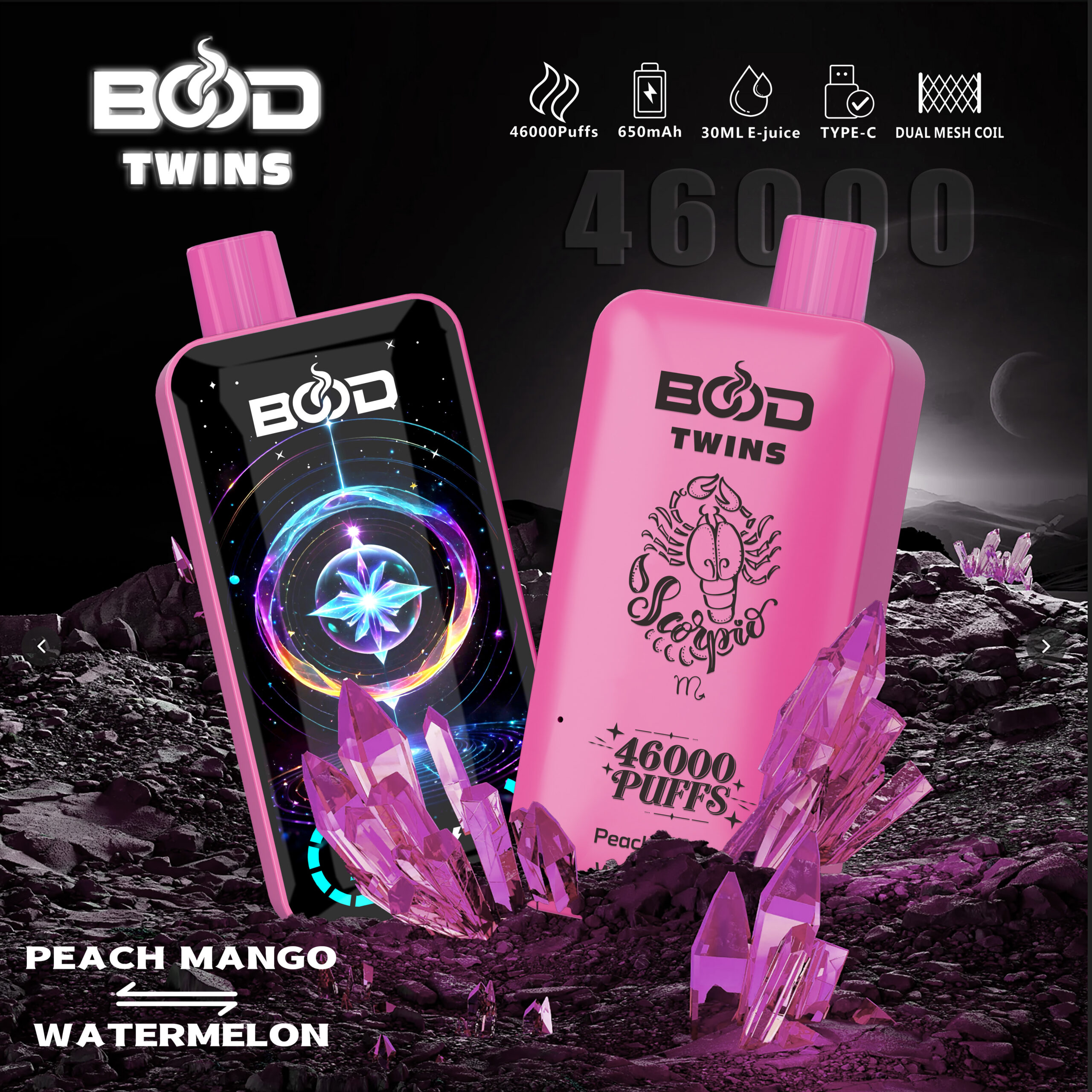 Bood Twins 46000 Puffs 2-in-1 Dual Flavors Rechargeable Vape with Digital Display,E-liquid Capacity 30ml - Image 3