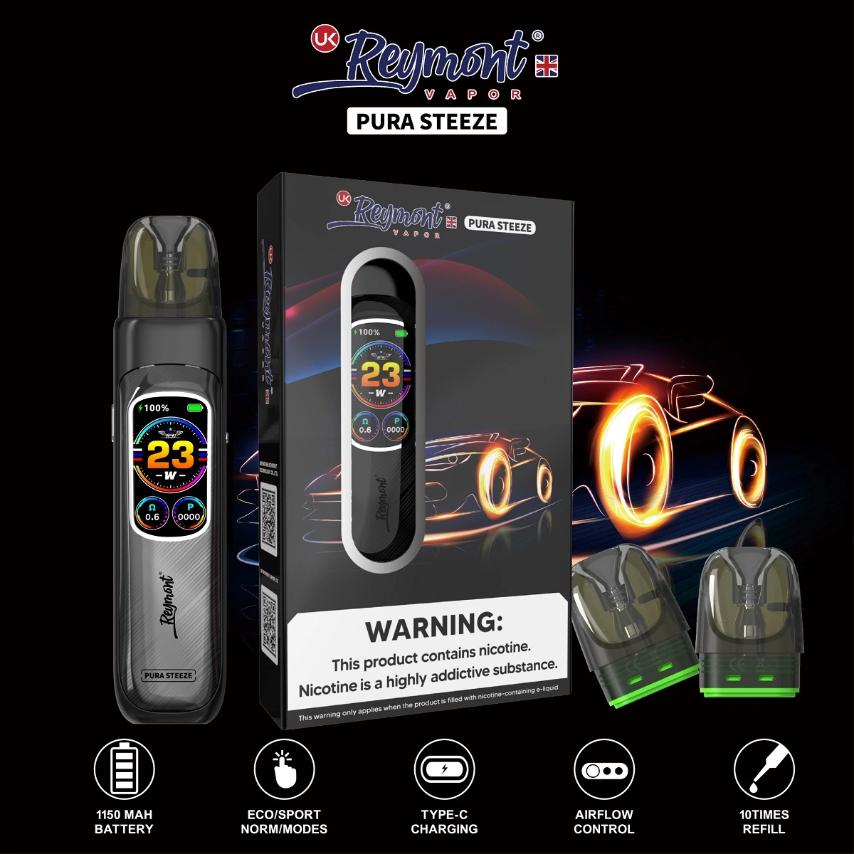 Reymont Pura Steeze Vape Pen Kit – IML Technology, Digital Battery Indicator & Replaceable Pod System