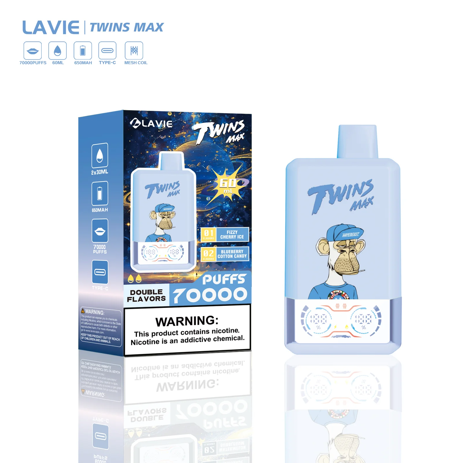 LAVIE Twins Max 70000 Puffs Dual Flavor 2-in-1 Disposable Vape with Smart Screen,Nicotine 2% - Image 7