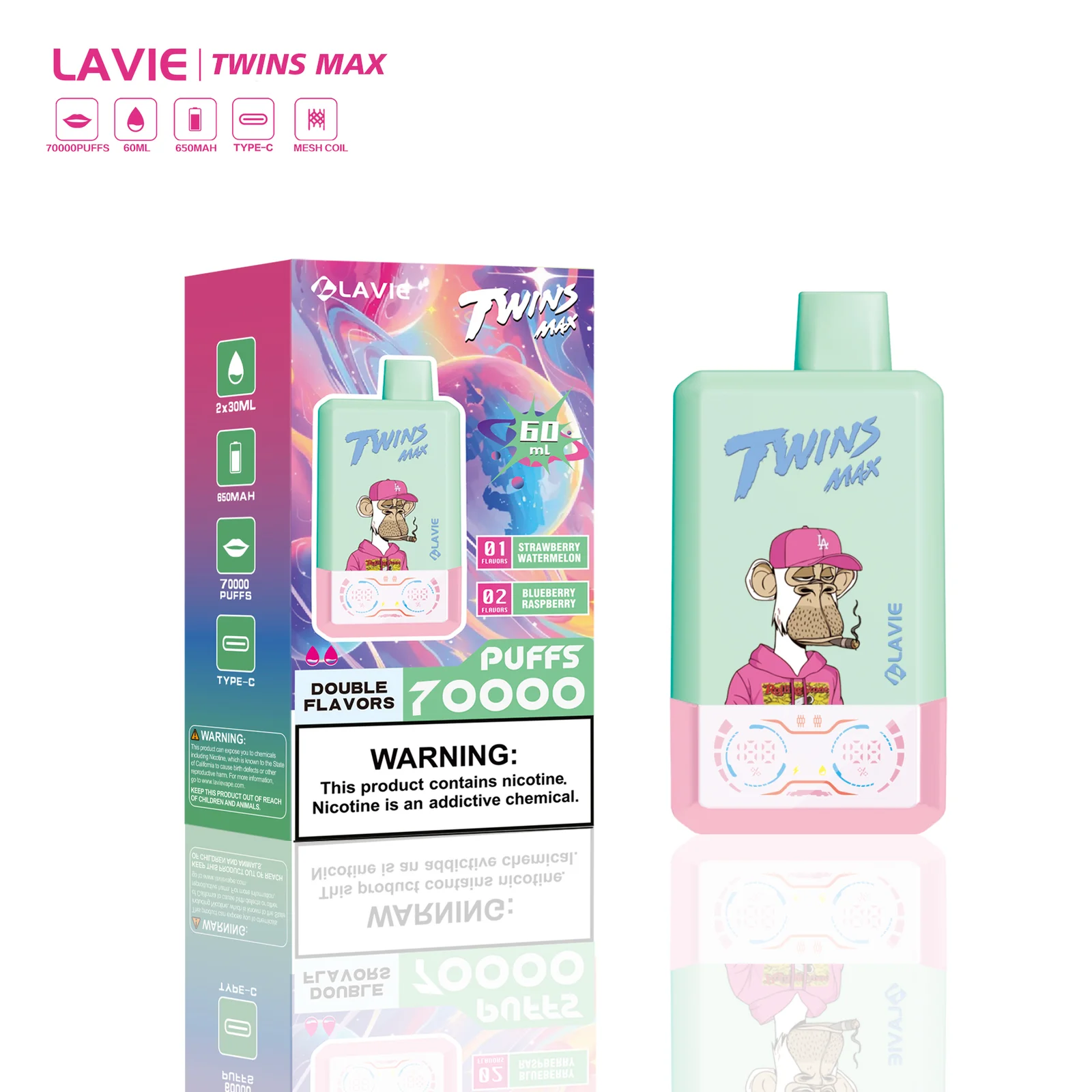 LAVIE Twins Max 70000 Puffs Dual Flavor 2-in-1 Disposable Vape with Smart Screen,Nicotine 2% - Image 6