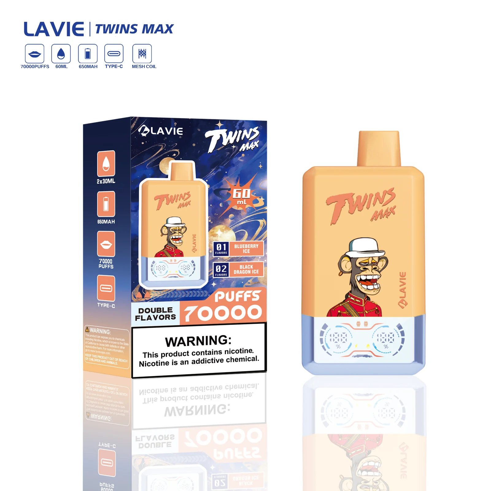LAVIE Twins Max 70000 Puffs Dual Flavor 2-in-1 Disposable Vape with Smart Screen,Nicotine 2% - Image 5