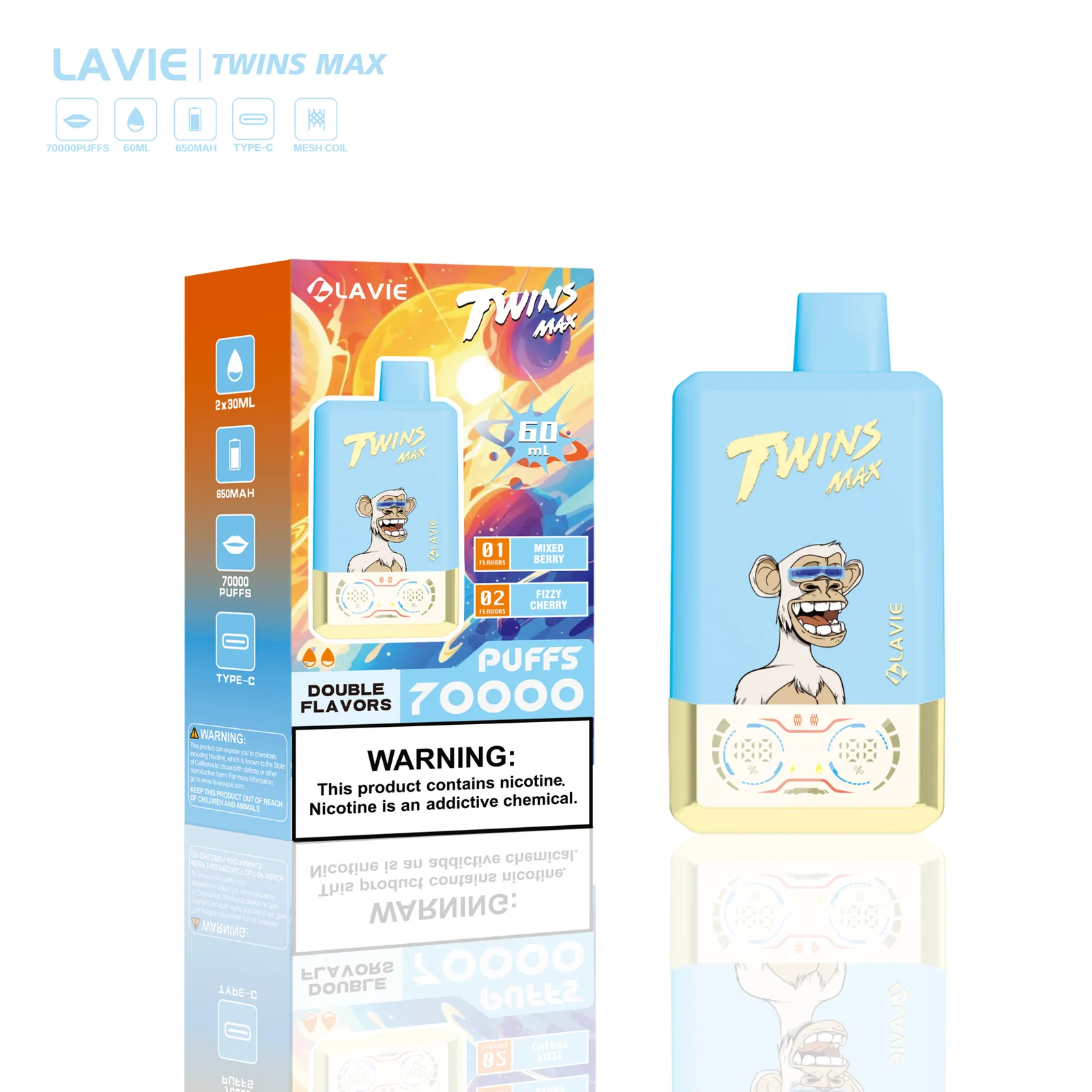 LAVIE Twins Max 70000 Puffs Dual Flavor 2-in-1 Disposable Vape with Smart Screen,Nicotine 2% - Image 4
