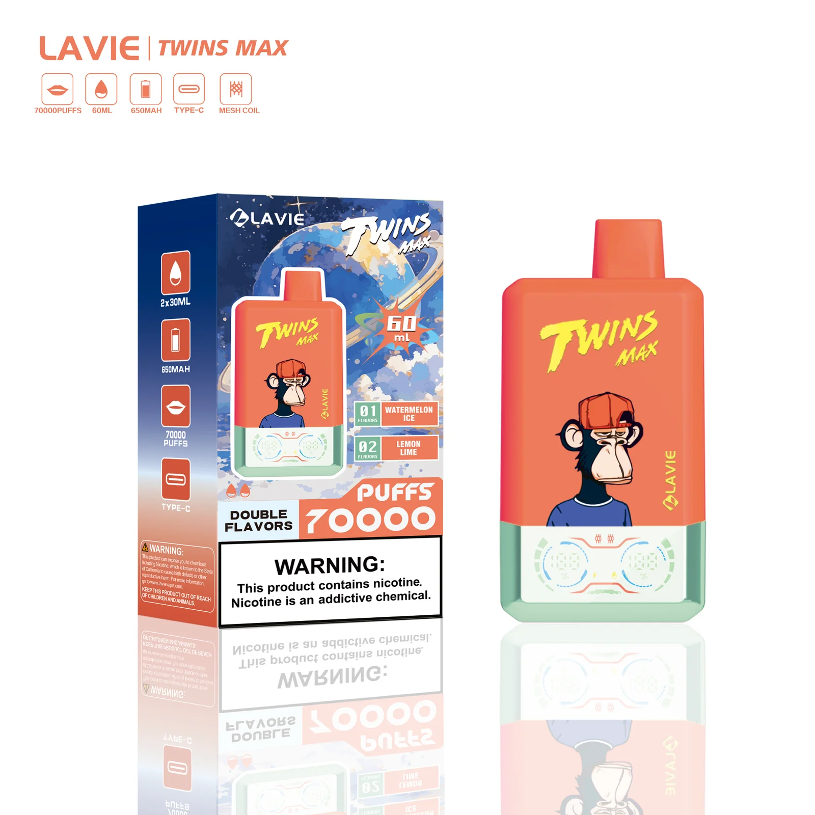 LAVIE Twins Max 70000 Puffs Dual Flavor 2-in-1 Disposable Vape with Smart Screen,Nicotine 2% - Image 3