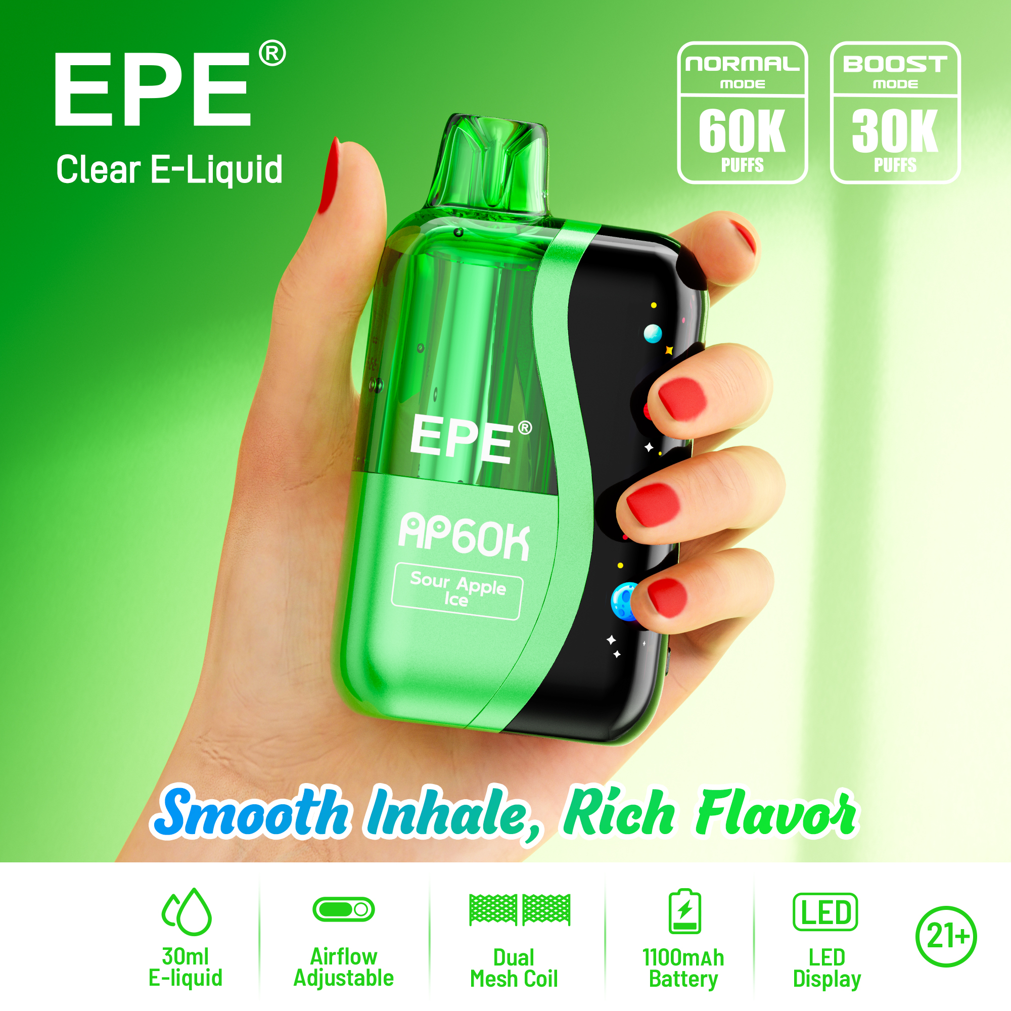 EPE AP 60000 Puffs , Detachable Replaceable Pod, Dual-Mode Adjustable Airflow, Available in 12 Flavor Options