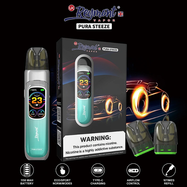 Reymont Pura Steeze Vape Pen Kit – IML Technology, Digital Battery Indicator & Replaceable Pod System - Image 2