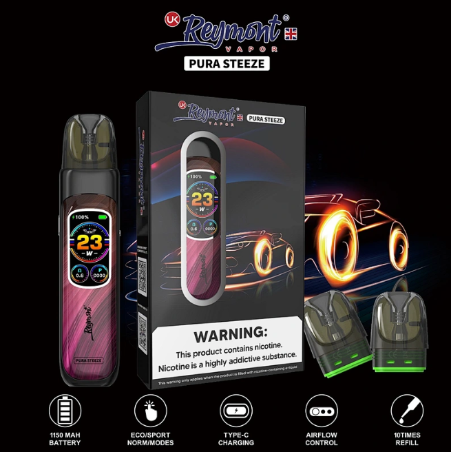 Reymont Pura Steeze Vape Pen Kit – IML Technology, Digital Battery Indicator & Replaceable Pod System - Image 3