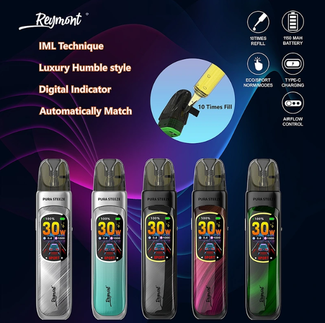 Reymont Pura Steeze Vape Pen Kit – IML Technology, Digital Battery Indicator & Replaceable Pod System - Image 7