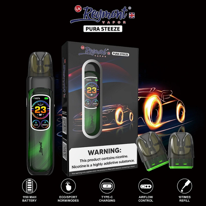 Reymont Pura Steeze Vape Pen Kit – IML Technology, Digital Battery Indicator & Replaceable Pod System - Image 4