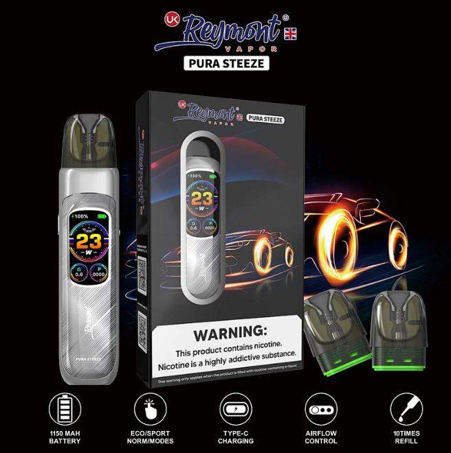 Reymont Pura Steeze Vape Pen Kit – IML Technology, Digital Battery Indicator & Replaceable Pod System - Image 5