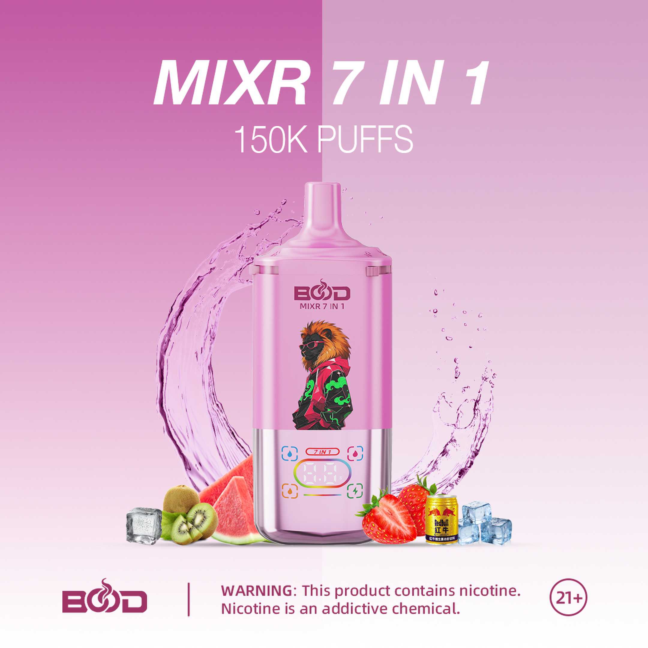 BOOD MIXR 150000 Puffs 7in1 , Digital Screen ,7 Adjustable Flavors , 3 Power Setting , Rechargeable Disposable Vape